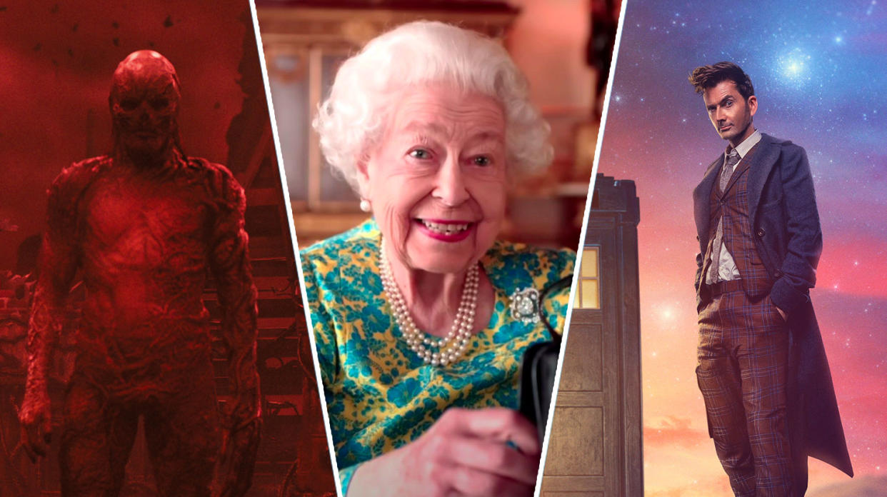 Stranger Things, the Queen, and Doctor Who all gave us unforgettable TV moments in 2022. (Netflix/BBC)