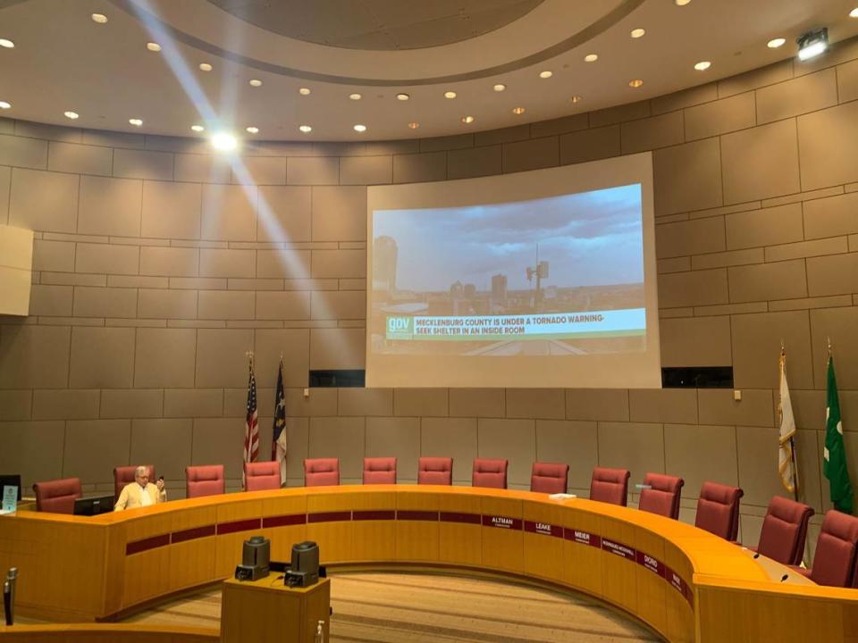 City leaders and members of the public and the press moved to the Government Center’s basement during a city council committee discussion in uptown Charlotte on Monday, Aug. 7, 2023 as a tornado warning was issued.