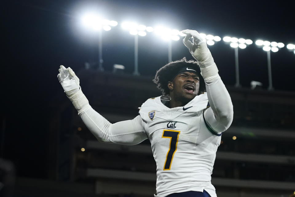 California linebacker David Reese celebrates after the team's 33-7 victory over UCLA during an NCAA college football game, Saturday, Nov. 25, 2023, in Pasadena, Calif. (AP Photo/Ryan Sun)