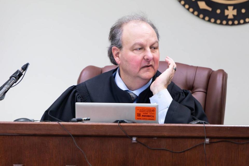 Judge Steven Jumes presides at Carl Brewer’s trial at the Tim Curry Criminal Justice Center in Fort Worth on Wednesday, May 29, 2024. Brewer was accused of shooting to death his adoptive parents, Troy Brewer and Mary Brewer, in November 2016 in Crowley.