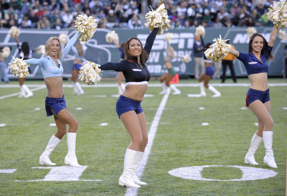 <p>New York Jets cheerleaders perform during an NFL football game against the Los Angeles Rams, Sunday, Nov. 13, 2016, in East Rutherford, N.J. (AP Photo/Bill Kostroun) </p>