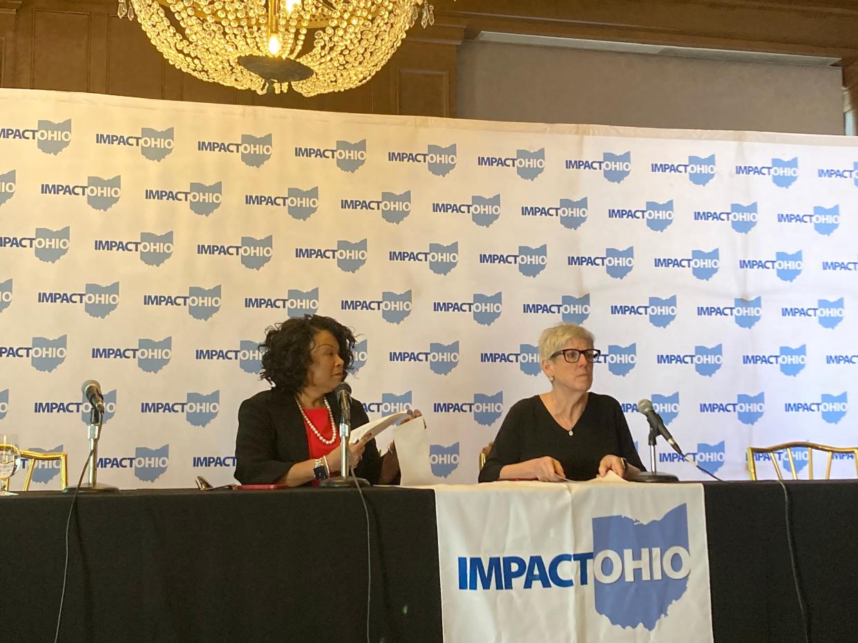 Former Ohio Supreme Court Justice Yvette McGee Brown, left, and former Ohio Supreme Court Chief Justice Maureen O'Connor pitch a proposal to change how Ohio draws congressional and statehouse districts.