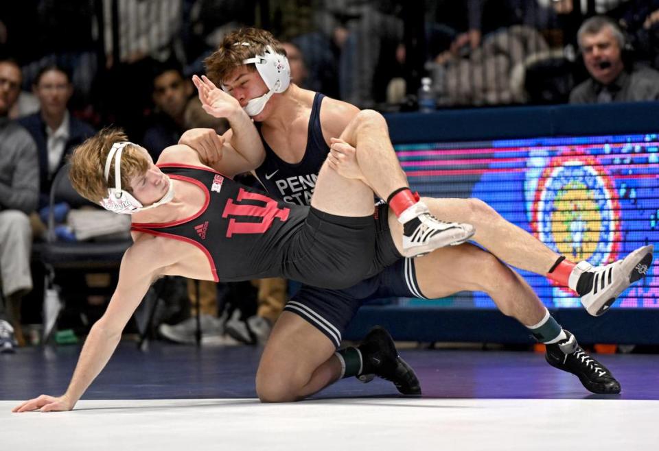 Penn State’s Tyler Kasak controls Indiana’s Graham Rooks in the 149 lb bout of the match on Sunday, Jan. 14, 2024 at Rec Hall.