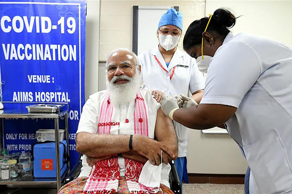 <p>Prime Minister Narendra Modi on Monday received homegorwn covid vaccine in Delhi</p> (PIB/AFP via Getty Images)