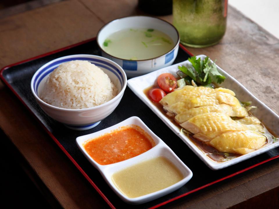 A typical plate of chicken rice in Malaysia.