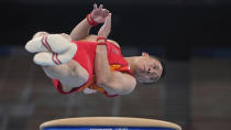 <p>Xiao Ruoteng, of China, performs on the vault during the artistic gymnastics men's all-around final at the 2020 Summer Olympics, Wednesday, July 28, 2021, in Tokyo. (AP Photo/Natacha Pisarenko)</p> 