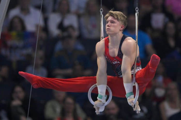 Shane Wiskus competes on rings during the Trials.<span class="copyright">Nick Wosika—Icon Sportswire/Getty Images</span>