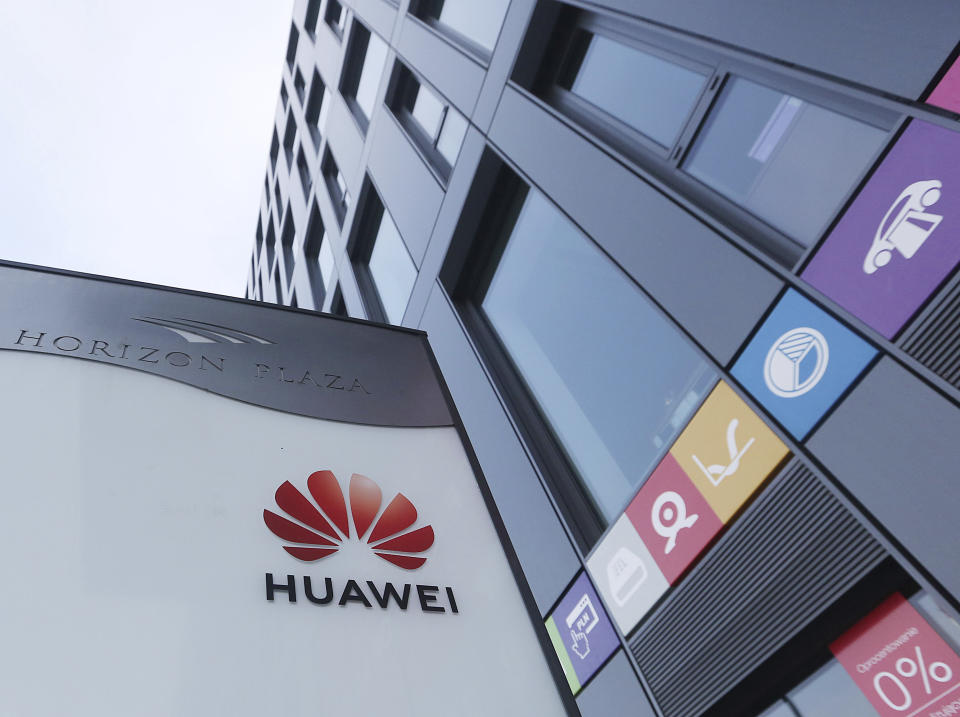 The Huawei logo displayed at the main office of Chinese tech giant Huawei in Warsaw, Poland, on Friday, Jan. 11, 2019. Poland's Internal Security Agency has charged a Chinese manager at Huawei in Poland and one of its own former officers with espionage against Poland on behalf of China. (AP Photo/Czarek Sokolowski)