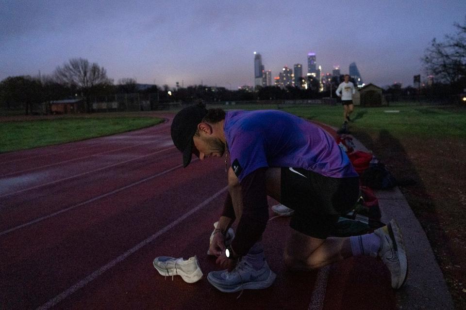 Mitch Ammons trains at Austin High on Tuesday. Ammons, a local runner recovering from drug addiction, recently qualified for the U.S. Olympic Marathon Trials. He has been sober for over seven years now.