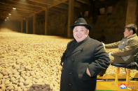 <p>North Korea’s leader Kim Jong Un is seen during the inspection of a potato flour factory in this undated photo released by North Korea’s Korean Central News Agency (KCNA) in Pyongyang December 6, 2017. KCNA/via REUTERS ATTENTION EDITORS – THIS PICTURE WAS PROVIDED BY A THIRD PARTY. REUTERS IS UNABLE TO INDEPENDENTLY VERIFY THE AUTHENTICITY, CONTENT, LOCATION OR DATE OF THIS IMAGE. NO THIRD PARTY SALES. SOUTH KOREA OUT. </p>