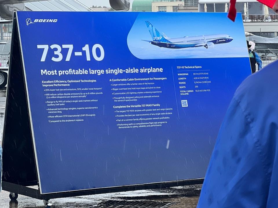 Sign sitting outside the jet with facts about the MAX 10.