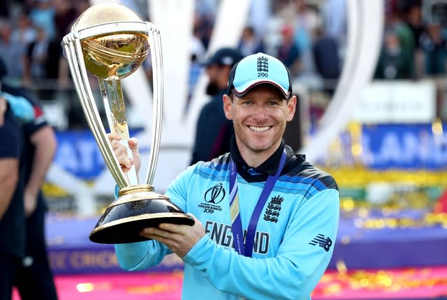 England captain Eoin Morgan lifts the World Cup trophy. England became world champions in both the men's and women's games during Colin Graves' reign as ECB chairman