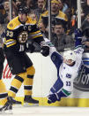 BOSTON, MA - JANUARY 07: Zdeno Chara #33 of the Boston Bruins checks Henrik Sedin #33 of the Vancouver Canucks on January 7, 2012 at TD Garden in Boston, Massachusetts. (Photo by Elsa/Getty Images)