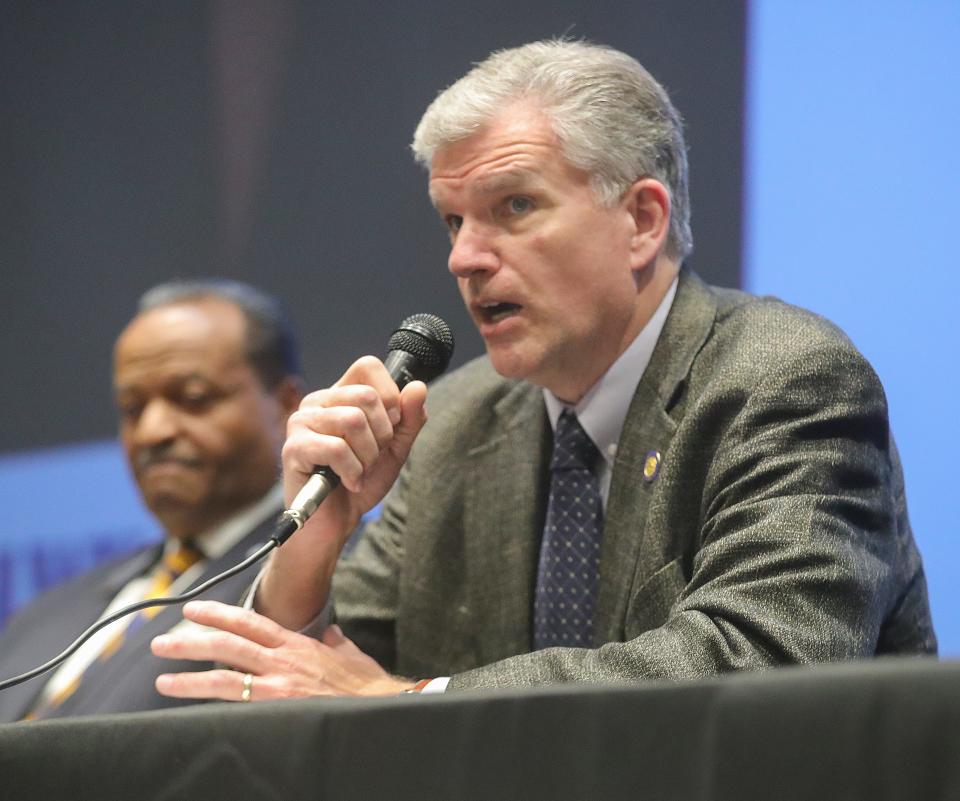 Mayoral candidate Jeff Wilhite answers a question during the Social Justice Mayoral Forum on Thursday at Garfield CLC.