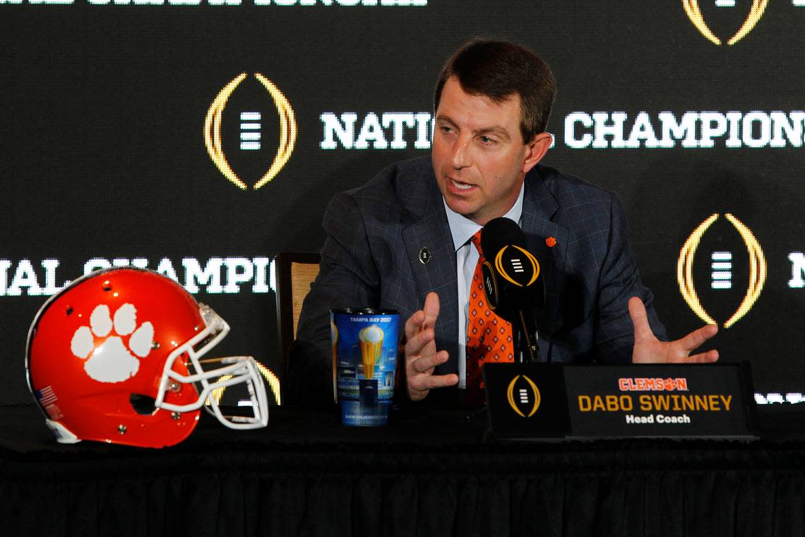 Clemson coach Dabo Swinney answers a question during a College Football Playoff press conference in 2017.