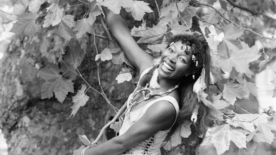 Play Away, photo-call with presenter Floella Benjamin, ahead of new series starting next month, Tuesday 8th November 1983. Our picture shows Floella Benjamin dressed as Tarzans Jane. (Photo by Bill Kennedy/Daily Mirror/Mirrorpix/Getty Images)