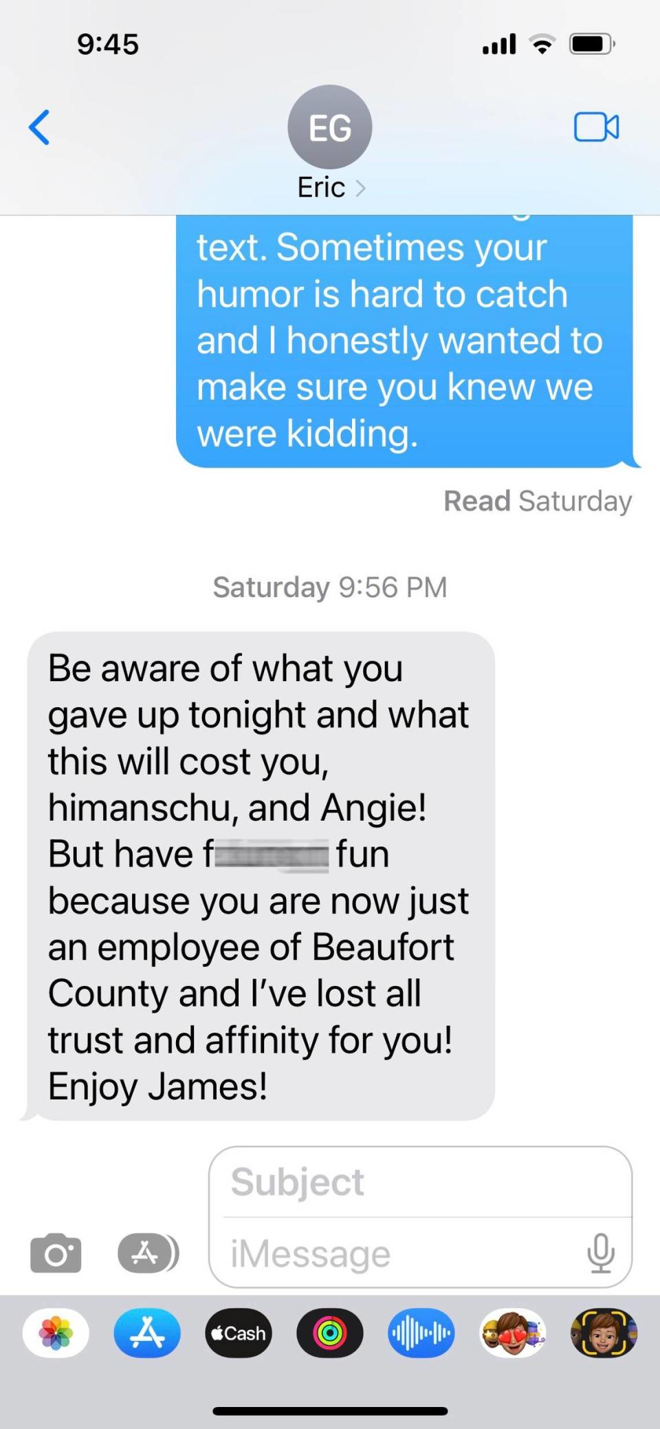 In this screenshot, Greenway texts Lynch to voice his displeasure with her bringing her boyfriend to a party they both attended. Provided