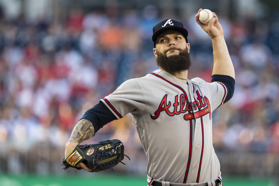 WASHINGTON, DC - JUNE 21: Dallas Keuchel #60 of the Atlanta Braves pitches in his debut against the Washington Nationals during the first inning at Nationals Park on June 21, 2019 in Washington, DC. (Photo by Scott Taetsch/Getty Images)