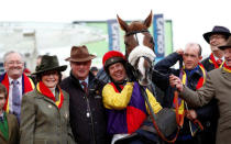 Horse Racing - Cheltenham Festival - Cheltenham Racecourse, Cheltenham, Britain - March 16, 2018 Richard Johnson on Native River celebrates with the team after winning the 15.30 Timico Cheltenham Gold Cup Chase Action Images via Reuters/Andrew Boyers