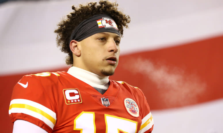 A closeup of Kansas City Chiefs QB Patrick Mahomes.