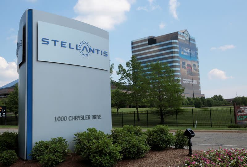 FILE PHOTO: A Stellantis sign is seen outside its headquarters in Auburn Hills,