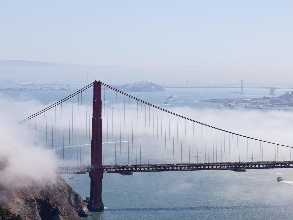 Golden Gate Bridge is seen with fog during the Fleet Week in San Francisco, California, United States on October 7, 2022.