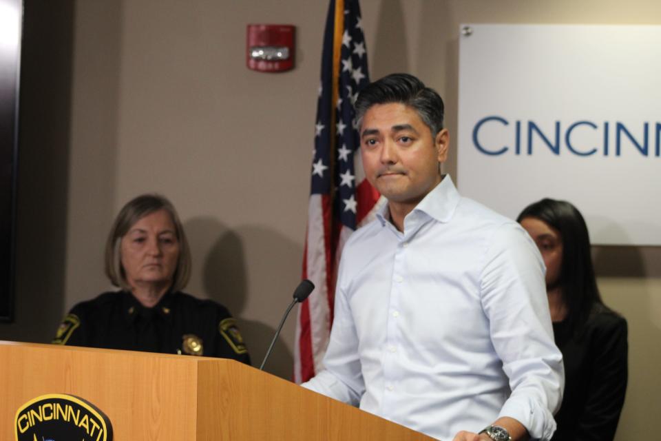 Cincinnati Mayor Aftab Pureval speaking at press conference Sunday about a mass shooting in West End Friday night that left an 11-year-old boy dead and five others wounded.