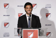 Los Angeles FC's Carlos Vela speaks during a news conference after winning the Major League Soccer Most Valuable Player award Monday, Nov. 4, 2019, in Los Angeles. Vela became the first Mexican player to win the MLS award. (AP Photo/Chris Carlson)