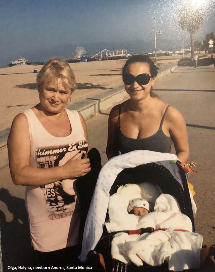 Hutchins (right) is pictured with her mother Olga Solovey and son Andros in Santa Monica, California.