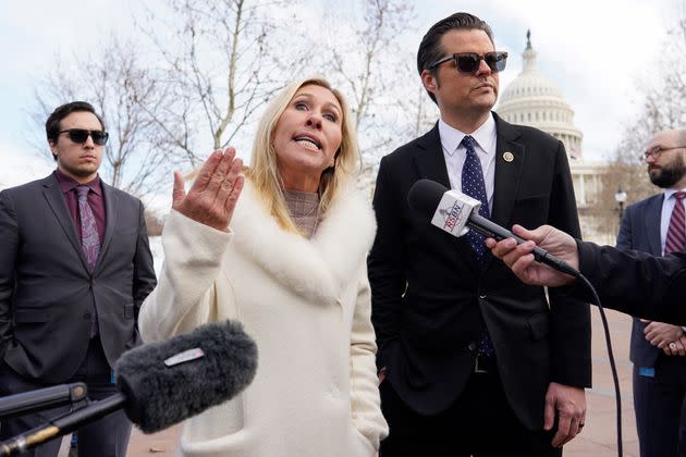 Reps. Matt Gaetz (R-Fla.) and Marjorie Taylor Greene (R-Ga.) speak on the one-year anniversary of the attack on the U.S. Capitol. (Photo: Carolyn Kaster/Associated Press)