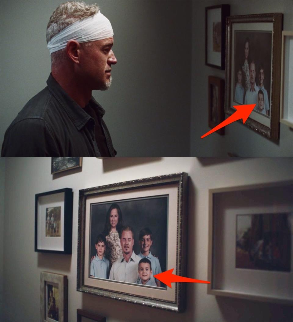 Red arrows pointing to a boy in the Jacobs family portrait on seasons two and one of "Euphoria.