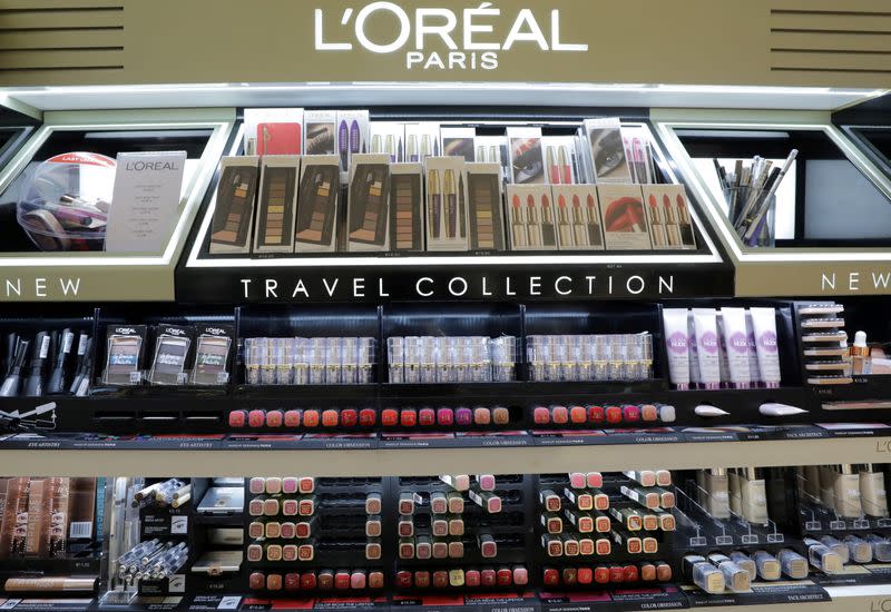 FILE PHOTO: A cosmetic display of French cosmetics group L'Oreal is seen at a duty free shop at the Nice International Airport, in Nice