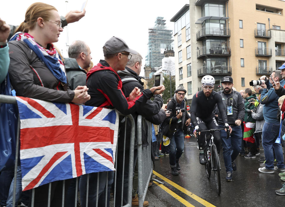 Slovakia's Peter Sagan at the start of the men race from Leeds to Harrogate, England, at the road cycling World Championships, Sunday, Sept. 29, 2019. (Bradley Collyer/PA via AP)