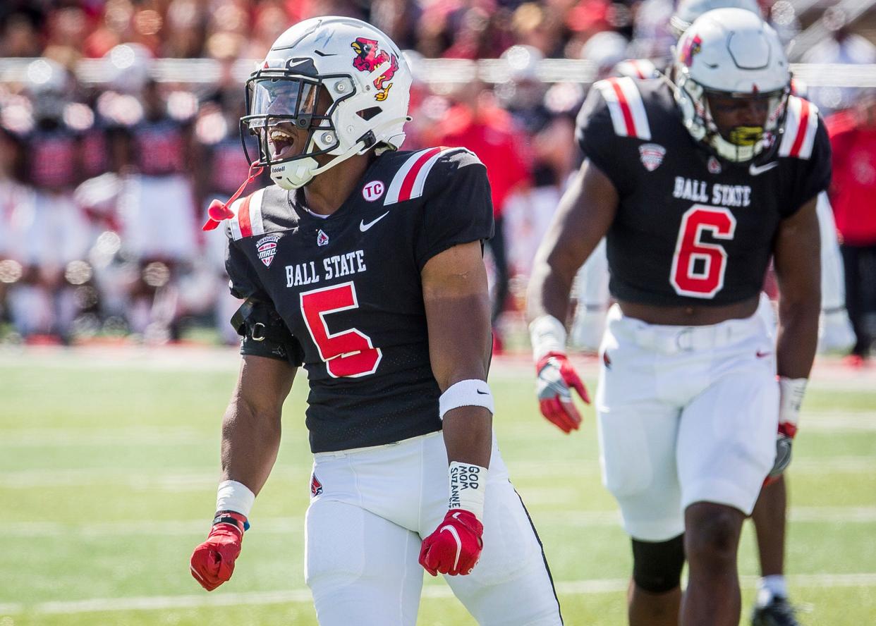 Ball State's Bryce Cosby celebrates after stopping a run by Toledo during their game at Scheumann Stadium Saturday, Sept. 25, 2021. 