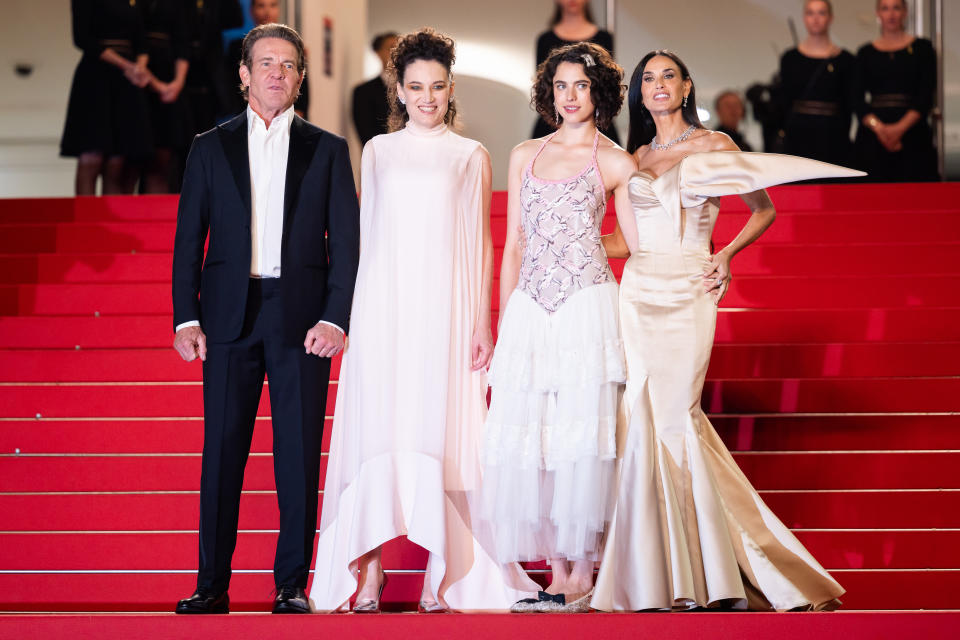 CANNES, FRANCE - MAY 19: (L-R) Dennis Quaid, Coralie Fargeat, Margaret Qualley and Demi Moore attend the "The Substance" Red Carpet at the 77th annual Cannes Film Festival at Palais des Festivals on May 19, 2024 in Cannes, France. (Photo by Victor Boyko/WireImage )