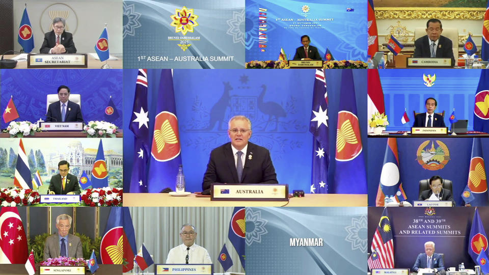 In this image released by Brunei ASEAN Summit, Australia's Prime Minister Scott Morrison speaks in a virtual meeting of the ASEAN-Australia Summit on the sidelines of the Association of Southeast Asian Nations (ASEAN) summit with the leaders, Wednesday, Oct. 27, 2021. Southeast Asian leaders began their annual summit without Myanmar on Tuesday amid a diplomatic standoff over the exclusion of the leader of the military-ruled nation from the group's meetings. An empty box of Myanmar is seen at bottom second from right. (Brunei ASEAN Summit via AP)