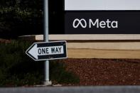 A sign of Meta, the new name for the company formerly known as Facebook, is seen at its headquarters in Menlo Park