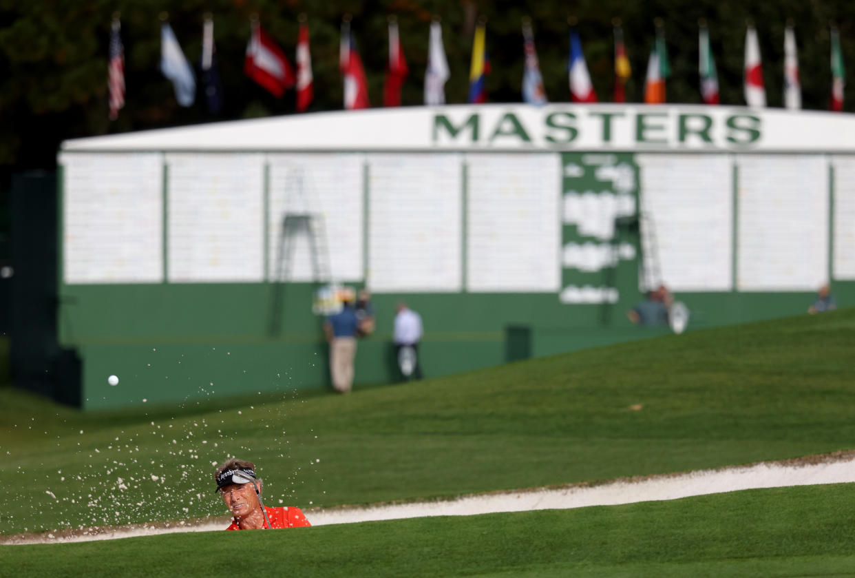 AUGUSTA, GEORGIA - NOVEMBER 13:  Bernhard Langer of Germany plays a shot from a bunker on the ninth hole during the continuation of the first round of the Masters at Augusta National Golf Club on November 13, 2020 in Augusta, Georgia. (Photo by Rob Carr/Getty Images)