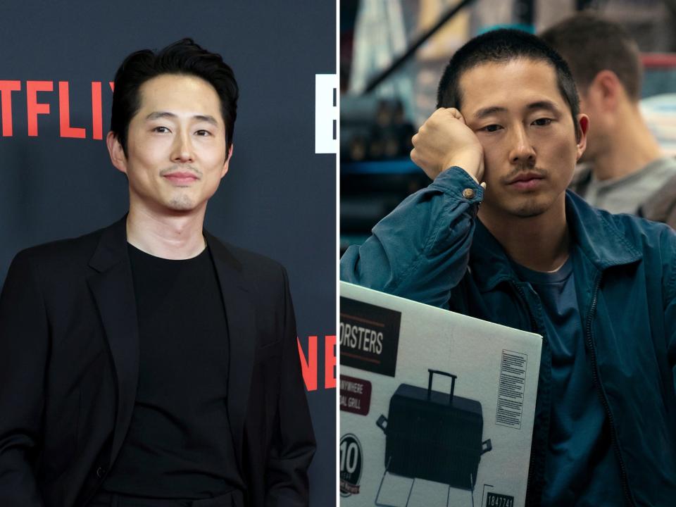 left: steven yeun at the beef premiere wearing a black suit; right: steven yeun as danny in beef, leaning on a box and looking forlorn