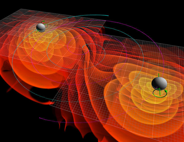 <span class="caption">Numerical simulations of the gravitational waves emitted by the merger of two black holes, including spins (green arrow).</span> <span class="attribution"><span class="source">NASA/wikipedia</span></span>