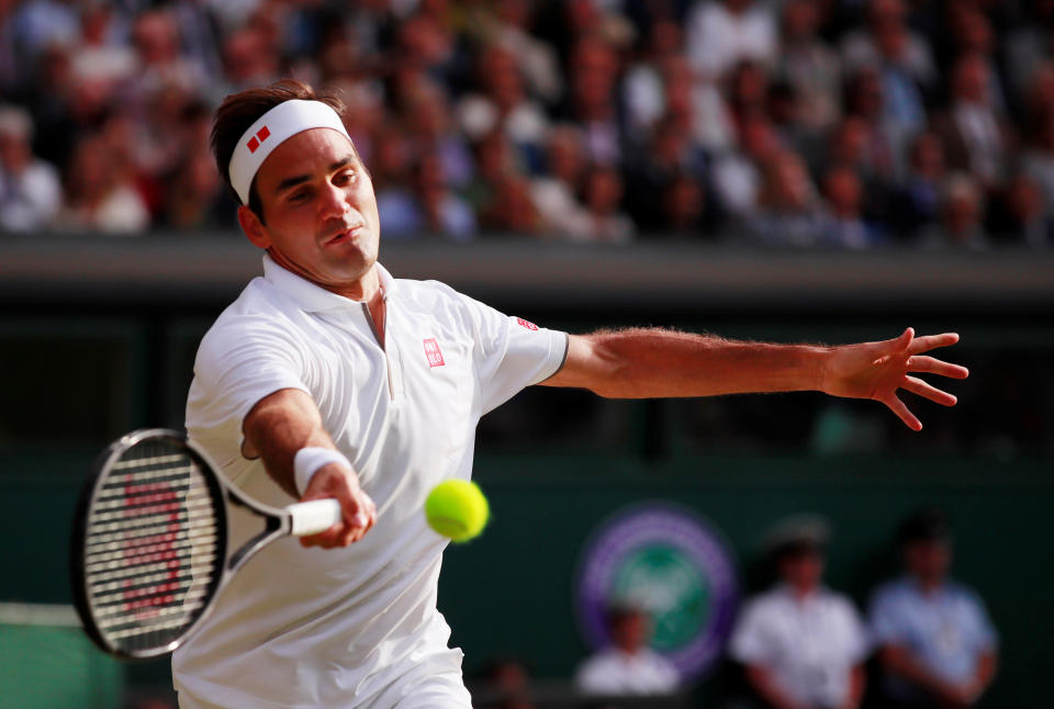 Tennis - Wimbledon - All England Lawn Tennis and Croquet Club, London, Britain - July 14, 2019  Switzerland's Roger Federer in action during the final against Serbia's Novak Djokovic  REUTERS/Andrew Couldridge