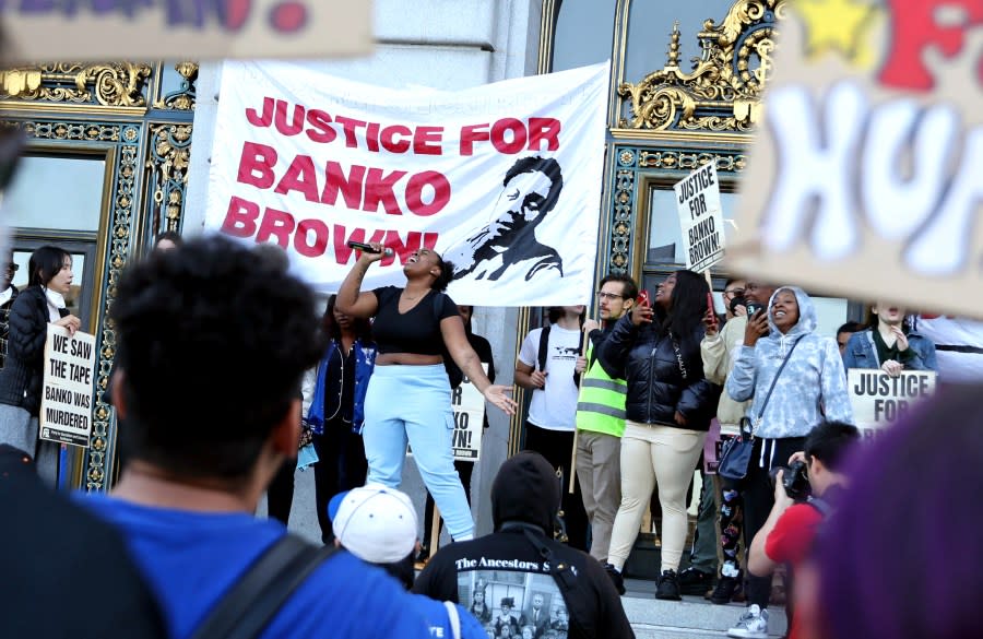 Asia Hubbard, ex-girlfriend of Banko Brown, speaks outside City Hall on May 15, 2023 after a march from the Market Street Walgreens in San Francisco. (Scott Strazzante /San Francisco Chronicle via AP)