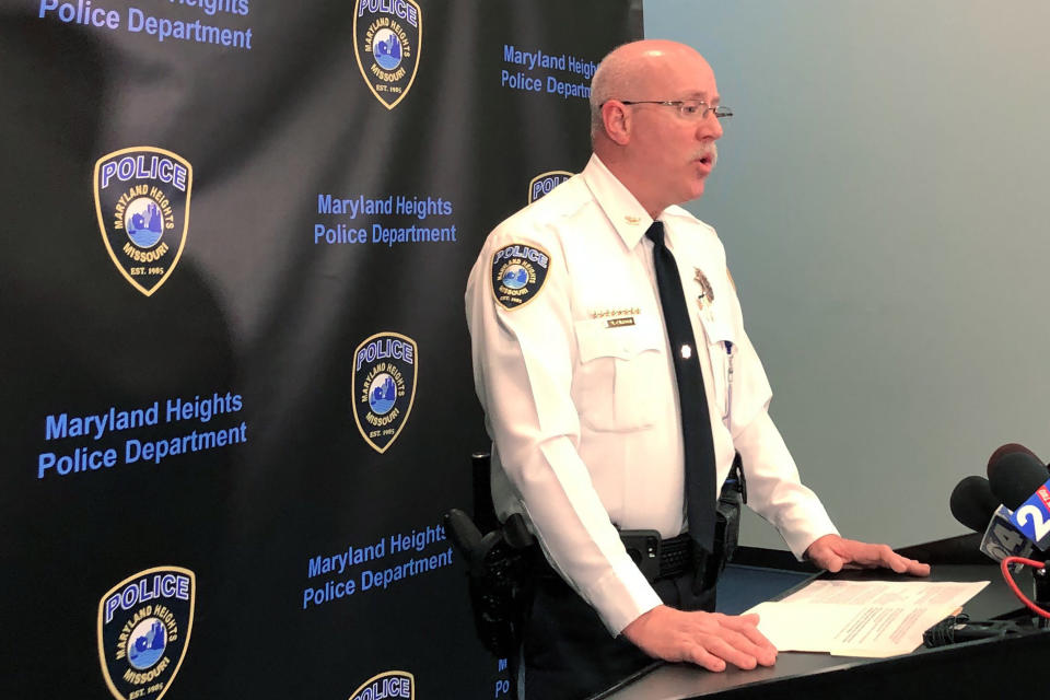 Maryland Heights Police Chief Bill Carson speaks at a news conference Tuesday, Feb. 25, 2020. Authorities say a police officer has shot and wounded a gunman Monday, Feb. 24, after he walked into a suburban St. Louis community center and started shooting, killing a woman. (AP Photo by Jim Salter)