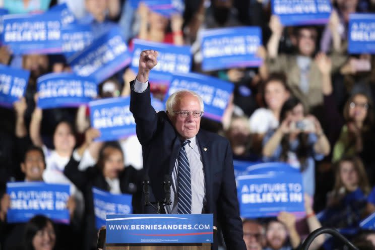 Bernie Sanders greets supporters at an election-night rally on June 7, 2016 in Santa Monica, Calif. (Photo: Scott Olson/Getty Images)