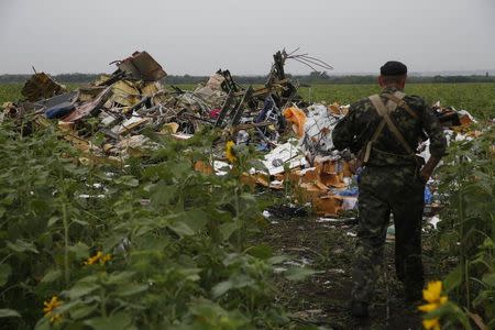 A pro-Russian separatist looks at wreckage from the nose section of a Malaysia Airlines Boeing 777 plane which was downed near the village of Rozsypne, in the Donetsk region July 18, 2014. REUTERS/Maxim Zmeyev