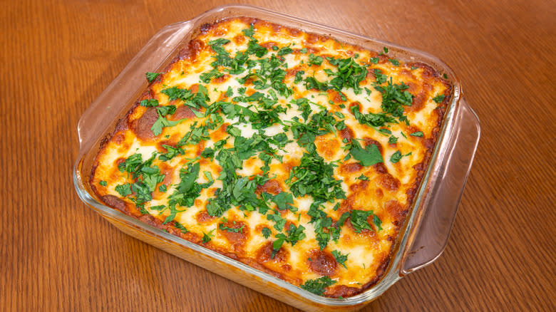 lasagna in Pyrex dish