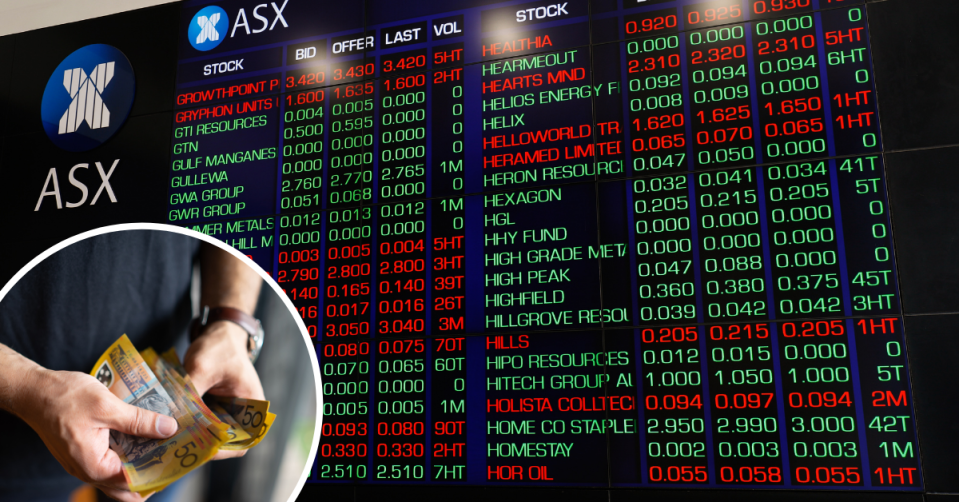ASX board showing stock price changes and a man's hands holding $50 notes.