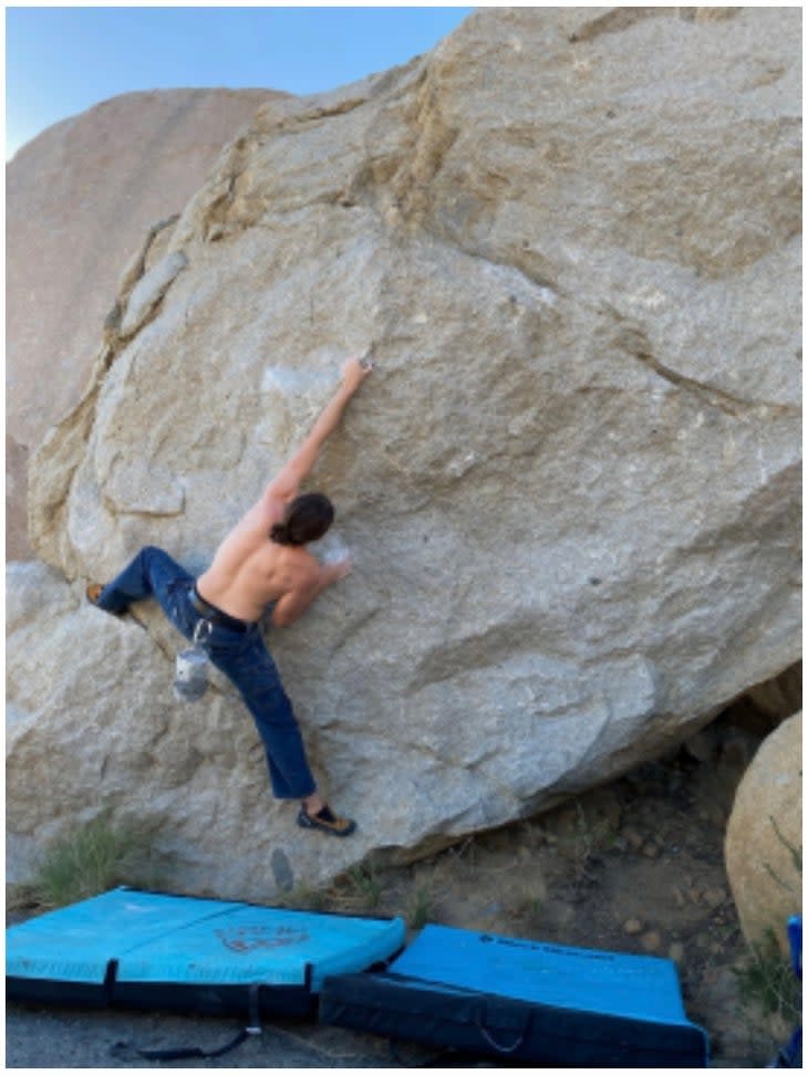 <span class="article__caption">The author on the abominable, but very fun "Blasted Rock 3"(V5) </span> (Photo: Hannah Spears)