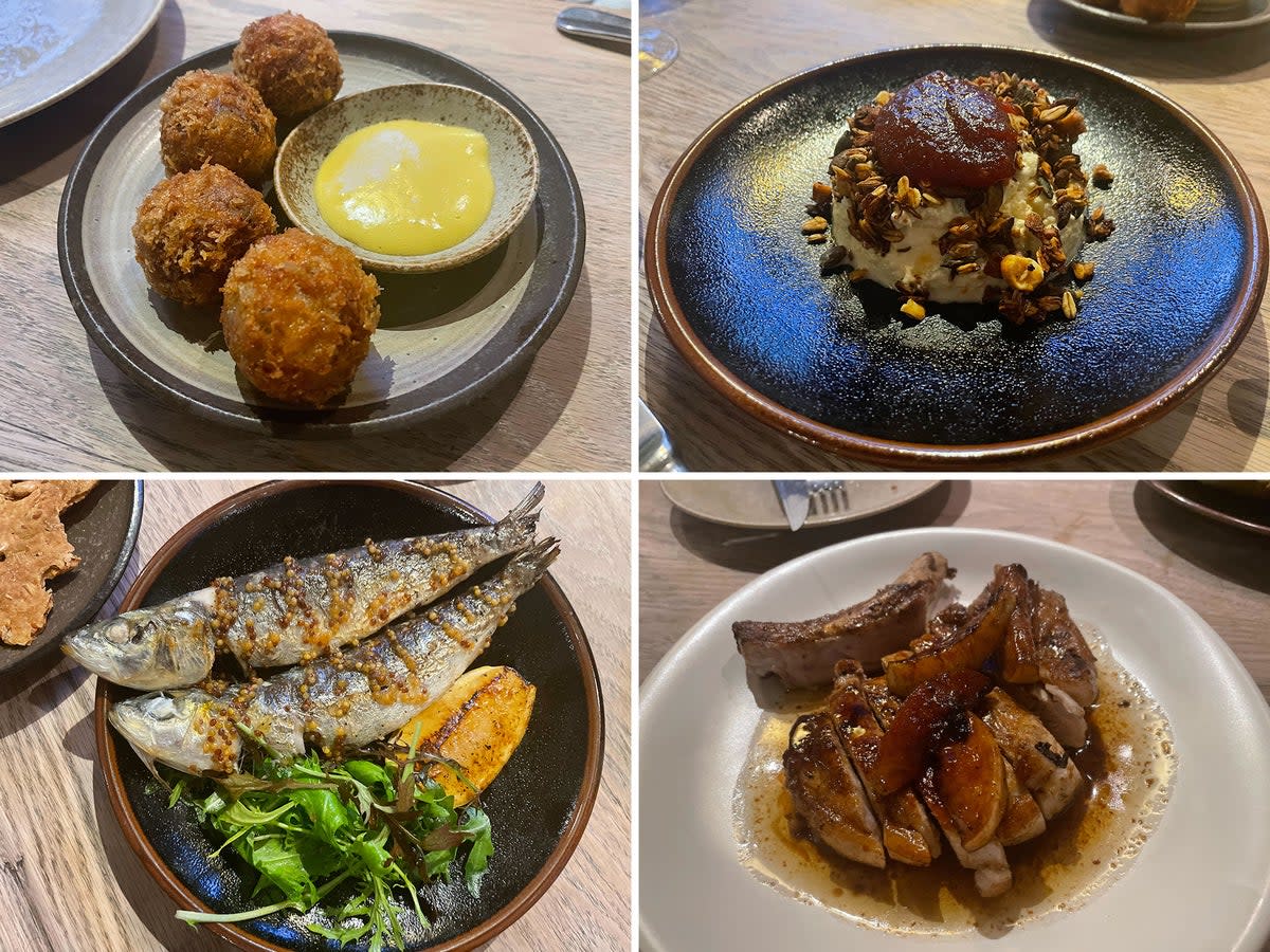 Clockwise from top right: ham knuckle croquettes, sweet and savoury granola, fried sardines in burnt lemon, and a pork chop with charred fruit  (Kate Ng)