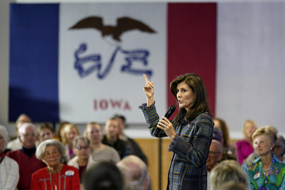 FILE - Republican presidential candidate Nikki Haley speaks during a town hall, Nov. 17, 2023, in Ankeny, Iowa. In 2024, Iowa will again hold the first Republican contest. (AP Photo/Charlie Neibergall, File)